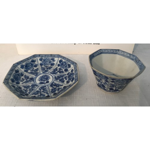 107 - Vung Tau Cargo blue and white Chinese octagonal tea bowl and saucer, each painted with panels of flo... 