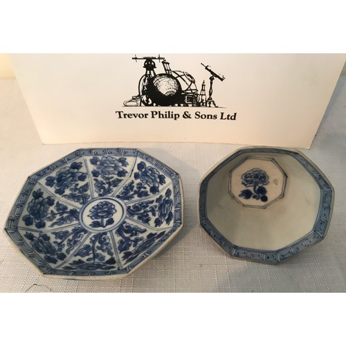 107 - Vung Tau Cargo blue and white Chinese octagonal tea bowl and saucer, each painted with panels of flo... 