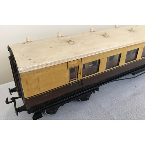 686 - A scratch built wooden model 0 gauge Corridor Coach GWR First 617, approx. 48cms l.