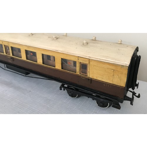 686 - A scratch built wooden model 0 gauge Corridor Coach GWR First 617, approx. 48cms l.