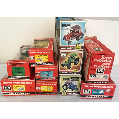 689 - A collection of Britains Ltd metal and plastic 1.32 model tractors, trailers and farm implements. Te... 