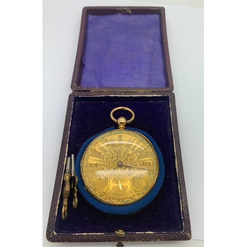 715 - An 18ct gold open face pocket watch with key and fitted case. Fusee lever, gold dial and balance whe... 