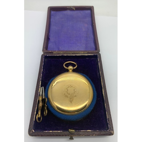 715 - An 18ct gold open face pocket watch with key and fitted case. Fusee lever, gold dial and balance whe... 