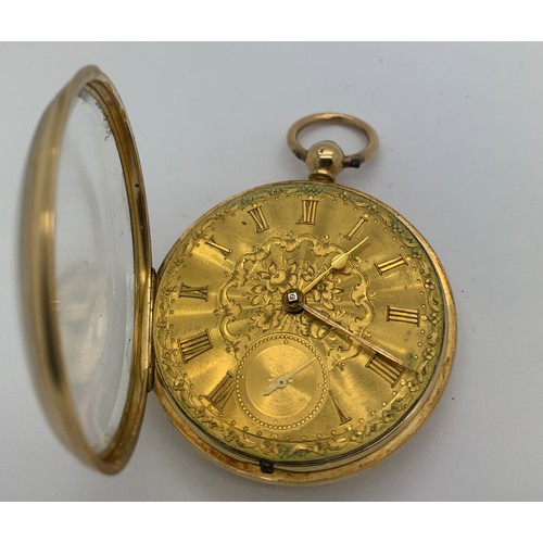 715 - An 18ct gold open face pocket watch with key and fitted case. Fusee lever, gold dial and balance whe... 