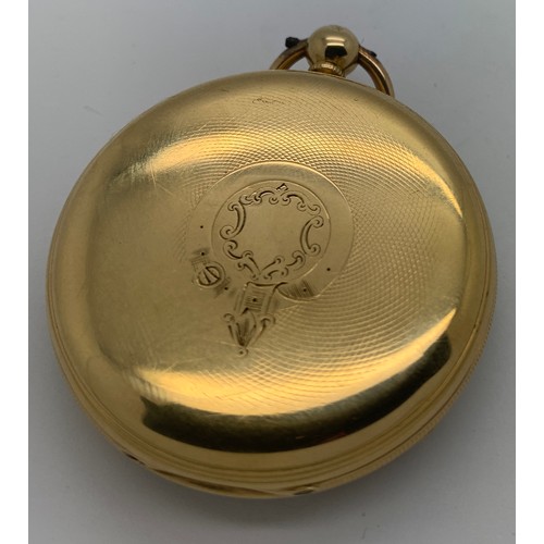 715 - An 18ct gold open face pocket watch with key and fitted case. Fusee lever, gold dial and balance whe... 