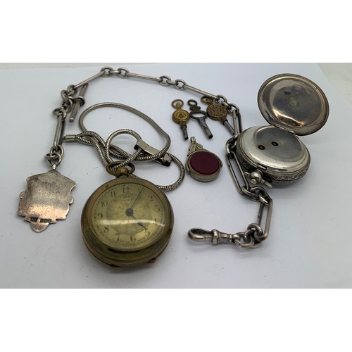 718 - Two pocket watches, one marked .800, the other Ivy in brass case, watch keys, a hallmarked silver wa... 