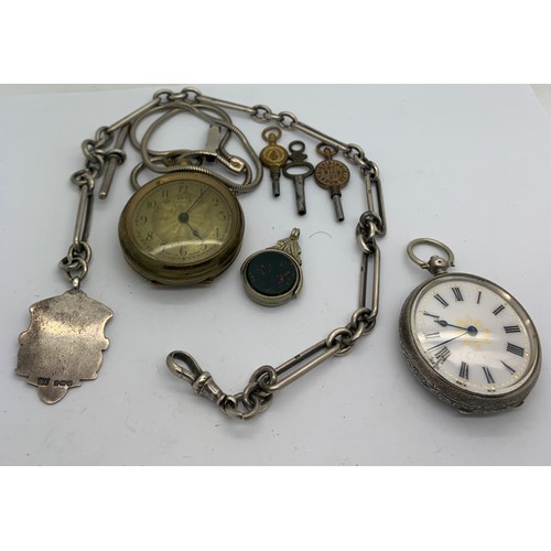 718 - Two pocket watches, one marked .800, the other Ivy in brass case, watch keys, a hallmarked silver wa... 