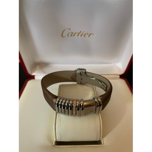 726 - A Cartier Declaration 18ct rose gold and diamonds ladies wristwatch with box and bag.