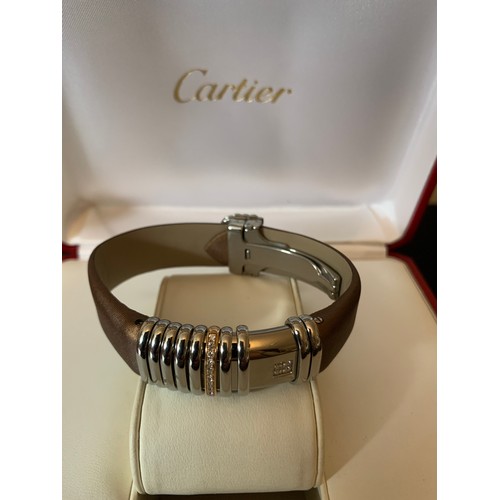 726 - A Cartier Declaration 18ct rose gold and diamonds ladies wristwatch with box and bag.