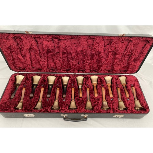 744 - Two cased sets of hand ringing bells. Larger case of 16 bells containing : 12 marked Whitechapel to ... 