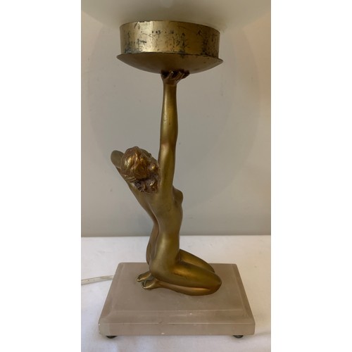 746 - An Art Deco spelter female figural table lamp on white onyx base with associated glass shade. 28cms ... 