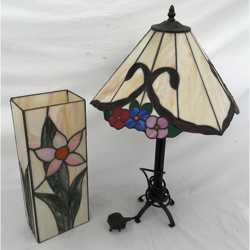 751 - Two table lamps, one wrought iron with Tiffany style shade approx. 60cms h, the other a rectangular ... 