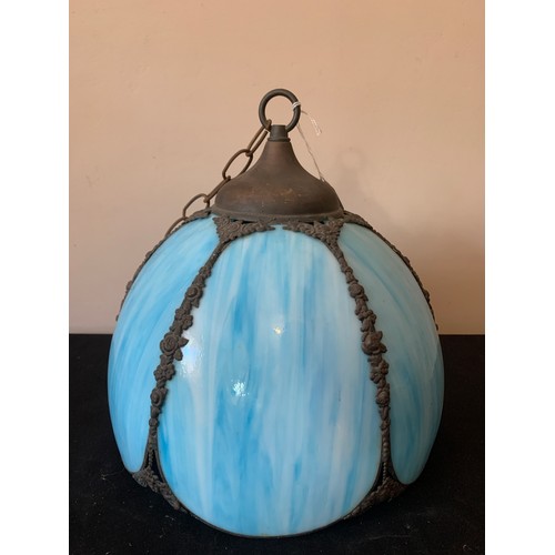 759 - A blue glass and metal hanging lamp shade, 34cms h x 31cms d.