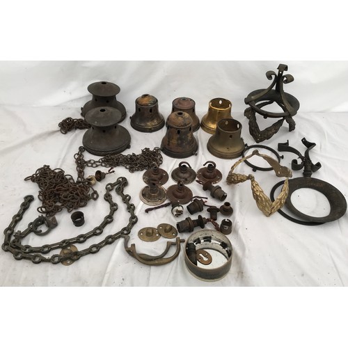 760 - A selection of brass and metal ceiling light fittings, galleries some stamped Holophane, ceiling hoo... 