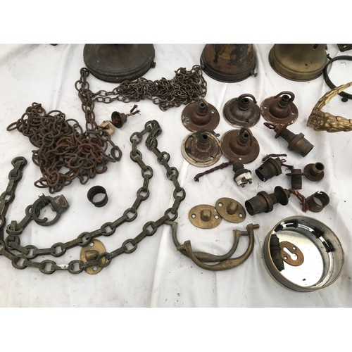 760 - A selection of brass and metal ceiling light fittings, galleries some stamped Holophane, ceiling hoo... 