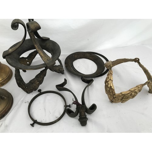 760 - A selection of brass and metal ceiling light fittings, galleries some stamped Holophane, ceiling hoo... 