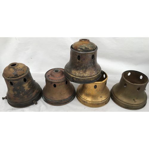 760 - A selection of brass and metal ceiling light fittings, galleries some stamped Holophane, ceiling hoo... 