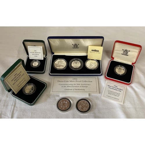 788 - Silver proof Piedfort coins to include 1992 10 pence coin, 1994 2 pound coin, 1990 5 pence coin toge... 