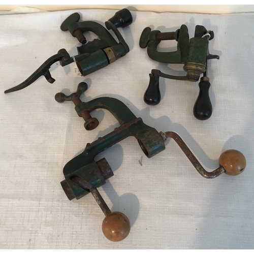 862 - Three green painted cast iron and brass shotgun cartridge vice re loaders, lever action, one W Bartr... 