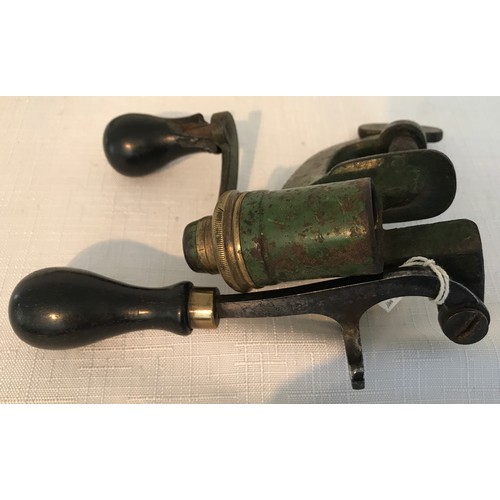 862 - Three green painted cast iron and brass shotgun cartridge vice re loaders, lever action, one W Bartr... 