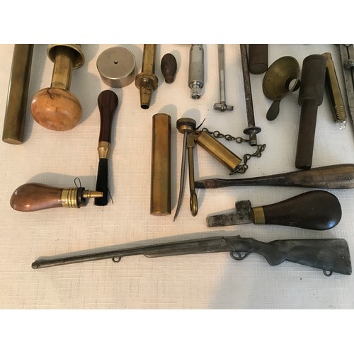 863 - Selection of gun makers repair and cleaning tools and accessories, brass stamp base, 0 to 1 inch mea... 