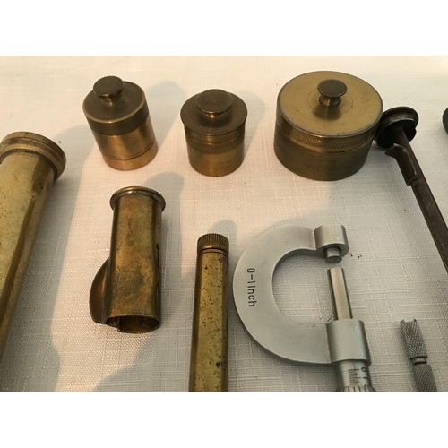 863 - Selection of gun makers repair and cleaning tools and accessories, brass stamp base, 0 to 1 inch mea... 