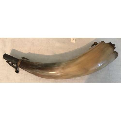 865 - Three gunpowder horns, largest 33cms l, 28cm and small 13cm length.