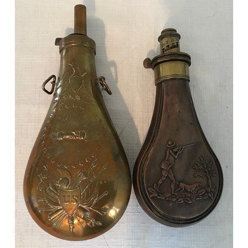 867 - Two copper and brass gunpowder flasks. U.S reproduction flask 23cms and a copper flask embossed scen... 