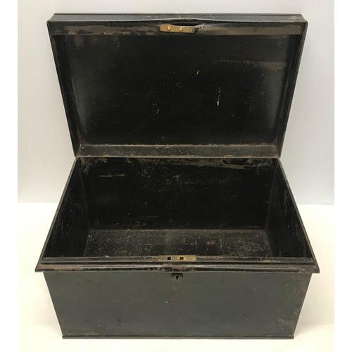 906 - A black metal deed box with handles to side with lock. 47cms l x 32cms w x 28cms h.