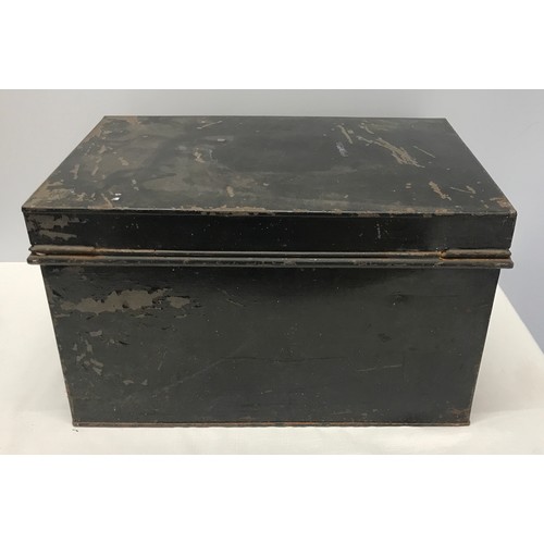 906 - A black metal deed box with handles to side with lock. 47cms l x 32cms w x 28cms h.