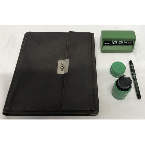 908 - A writing collection to include a dark brown leather writing case with outer side pocket and inner p... 