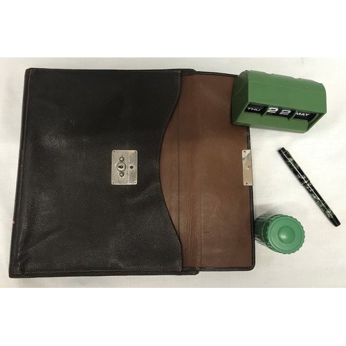 908 - A writing collection to include a dark brown leather writing case with outer side pocket and inner p... 