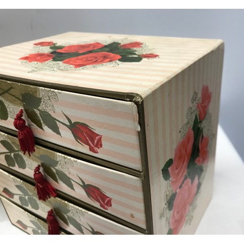 909 - A collection of 3 floral cardboard 4 draw jewellery boxes with decorative design to all 3 and pull t... 