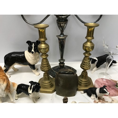 915 - A mixed selection to include silver plated candelabra, brass candle sticks 27cms h, cowbell, pottery... 