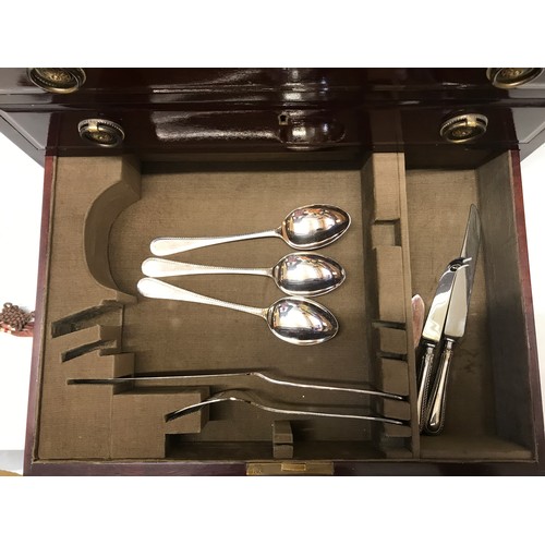 923 - A walnut veneered canteen chest of silver plated cutlery by Hugh Foulerton Heswall England. Three dr... 