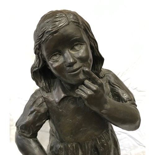 925 - A large resin bronze effect figure of a young girl in a thoughtful pose with bare feet made by Jill ... 