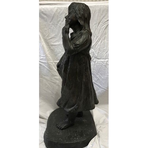 925 - A large resin bronze effect figure of a young girl in a thoughtful pose with bare feet made by Jill ... 