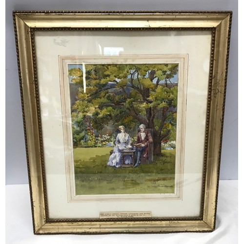 1279 - Framed watercolour painting of John Locke and Damaris Cudworth (afterwards Lady Masham) painted for ... 