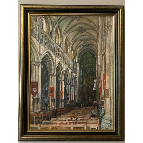 1280 - JAMES NEAL (1918-2011) An oil on board of the Nave at Beverley Minster. Signed L.R. Painting size 74... 