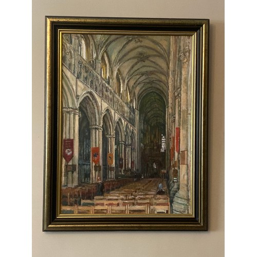 1280 - JAMES NEAL (1918-2011) An oil on board of the Nave at Beverley Minster. Signed L.R. Painting size 74... 