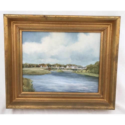 1285 - MARGERY STEPHENSON. A framed oil painting on board, The Junction Pool, Kelso. Board size 20 h x 25cm... 