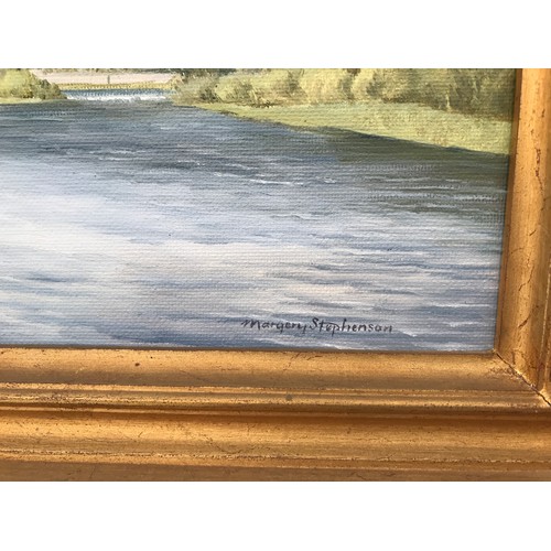 1285 - MARGERY STEPHENSON. A framed oil painting on board, The Junction Pool, Kelso. Board size 20 h x 25cm... 