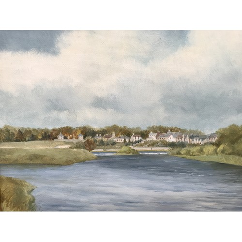 1285 - MARGERY STEPHENSON. A framed oil painting on board, The Junction Pool, Kelso. Board size 20 h x 25cm... 