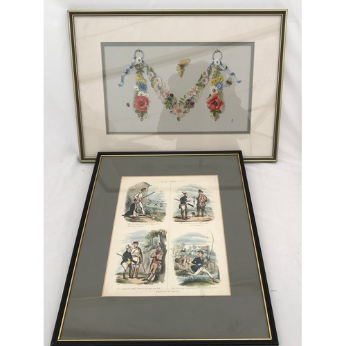 1287 - Barbara Wright framed watercolour, floral wreath, initial signed lower right 22.5 h x 38cms w and a ... 