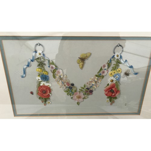 1287 - Barbara Wright framed watercolour, floral wreath, initial signed lower right 22.5 h x 38cms w and a ... 