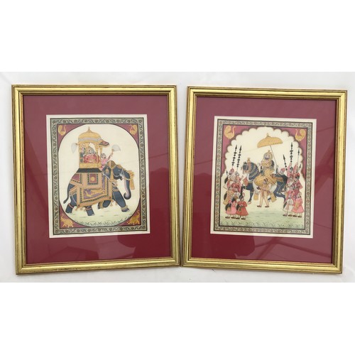 1288 - A pair of gilt frames Indian paintings on silk panel of Royal Procession, panel size 26.5 h x 21.5cm... 