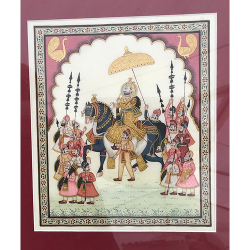 1288 - A pair of gilt frames Indian paintings on silk panel of Royal Procession, panel size 26.5 h x 21.5cm... 