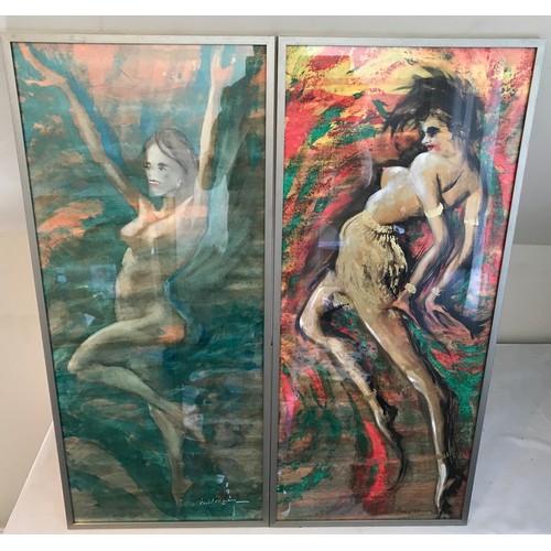 1346 - Paul Mann, pair of framed watercolour paintings of nude dancing ladies. 70cms x 30cms.