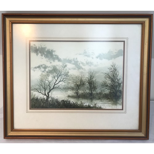 1347 - Paul Mann gilt framed watercolour of woodland lake scene. 27cms x 37cms.