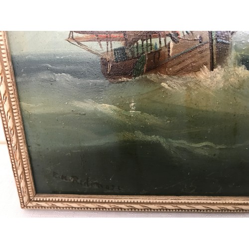1349 - E. K. Redmoore, a pair of oil paintings on board. Stormy coastal scene 15 x 23cms and a sailboat in ... 